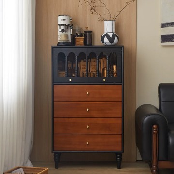 公司貨 免運 法式復古實木斗櫃客廳靠墻電視櫃邊櫃臥室儲物櫃中古風黑色收納櫃 快速發貨