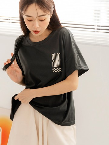 棉質率性繡花落肩短袖上衣