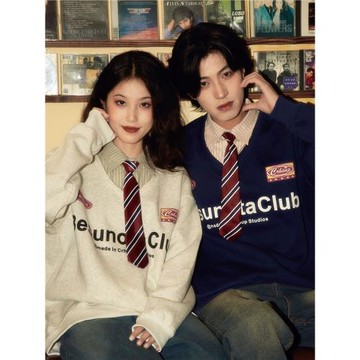 酒釀丸子ALOHA 復古小眾設計感領帶拼接假兩件套情侶裝衛衣秋冬