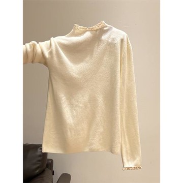 杏色蕾絲木耳邊半高領針織打底衫女長袖內搭秋冬新款修身顯瘦上衣