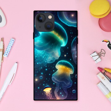 彷彿深海宇宙中游曳的夢幻可愛閃耀水母 方形手機殼【強化玻璃處理】適用於 iPhone16