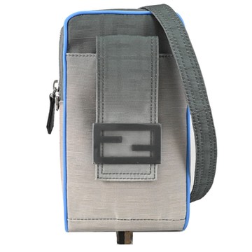 FENDI 經典FF LOGO緹花帆布斜背手機包/拉鍊小方包(淺灰/藍邊)