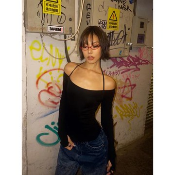 VanessaLab 秋冬黑色修身彈力掛脖t恤女緊身性感圓領長袖打底上衣