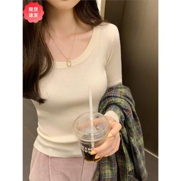 港風正肩低圓領純欲長袖針織衫內搭女秋冬季新款緊身顯瘦打底上衣
