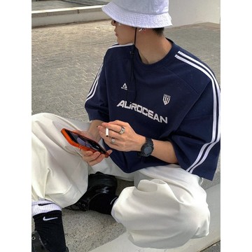 【OfaT🇰🇷】五分袖球衣風 AUROCEAN 寬鬆短T 情侶短T 情侶裝 短袖男  圓領上衣 球衣【MT147】