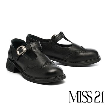 高跟鞋 MISS 21復古少女牛津T字帶全真皮大頭瑪莉珍高跟鞋－黑