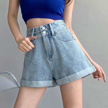 胖胖美依 牛仔褲 短褲 熱褲 S-2XL卷邊牛仔短褲夏季超高腰雙扣寬鬆顯瘦辣妹a字闊腿熱褲-7493.