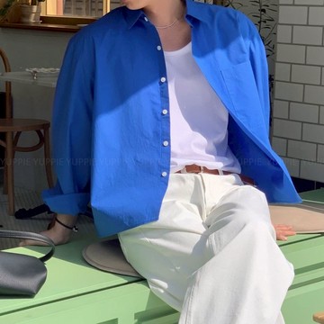 正韓日常簡約素面單口袋短版長袖襯衫 5色 YUPPIE 預購商品 0818
