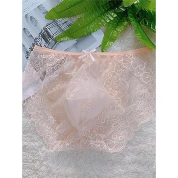 男士蕾絲花邊內褲無痕三角感大碼網紗黑粉色夏季透明透氣薄款囊袋