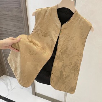 雙面穿立領女裝馬甲春秋季新款潮中式復古風提花單排扣馬夾短外套