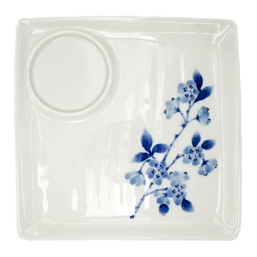 桔梗正角附格皿 日本製  白色 + 深藍色  1個