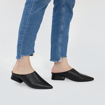 微正式!簡單純色調尖頭穆勒鞋 黑 全真皮MIT-焦黑色