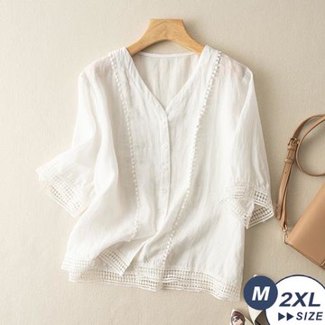 【LANNI 藍尼】★復古百搭棉麻勾花襯衫(上衣/開衫/短袖)