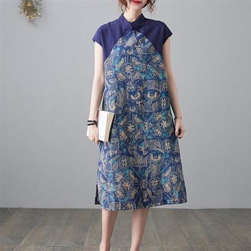 【韓國K.W.】高工藝亞麻拼接旗袍洋裝