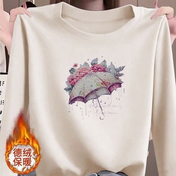 愛依依 上衣 長袖t卹 發熱衣 印花上衣保暖衫 中大尺碼M-3XL新款瘦減齡圓領不規則女弧形下擺德絨上衣-10223.