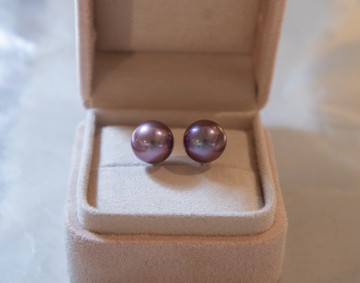 10.5-10.6mm天然濃紫/天然罕有/鬱金香紫色淡水珍珠耳環18k金