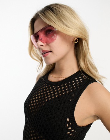 Monki oversized visor sheild sunglasses with butterfly rhinestone in pink