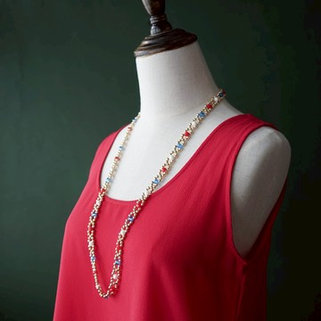 【老飾品/西洋老件】VINTAGE紅白藍三色混金圖樣串珠古著項鍊