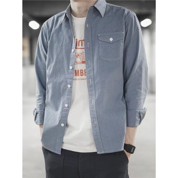 BF自制原創春秋純棉男士修身淡藍色細格子復古襯衫時尚情侶上衣