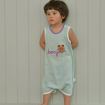 韓國 Cordi-i - 透氣網眼洞洞連身防踢被-格子棕熊-湖水綠