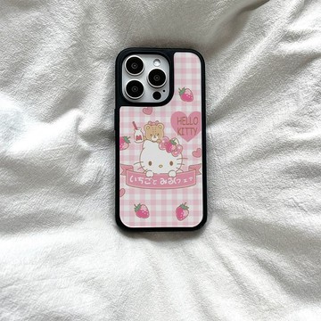 草莓格子凱蒂貓咪適用iPhone14/16/15pro蘋果手機殼13黑邊17/12