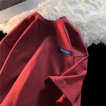 小領口純棉t恤男酒紅色情侶短袖夏季簡約通勤正肩上衣半截袖體恤