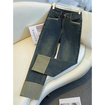 翻邊九分煙管牛仔褲女秋季大碼梨形身材胖妹妹mm顯瘦彈力直筒褲