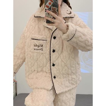 冬季韓版簡約睡衣女珊瑚絨加厚加絨秋冬款保暖三層夾棉家居服套裝