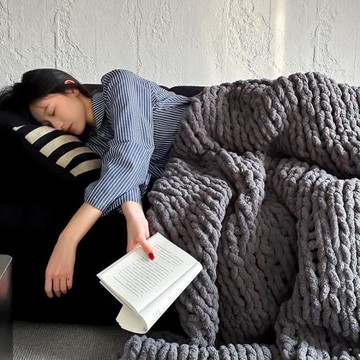 北歐ins粗線手工編織半邊絨針織蓋毯家居氛圍感臥室客廳沙發毯子