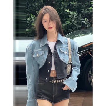 秋季款酷颯風性感辣妹撞色牛仔外套女設計感洋氣小眾機車百搭上衣