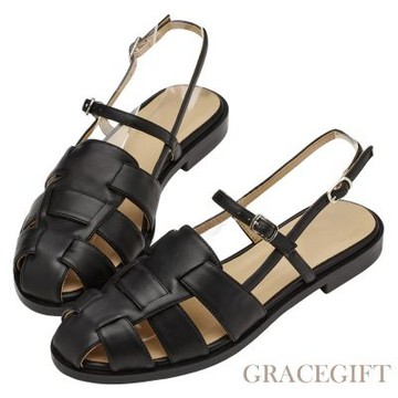 【Grace Gift】東京步調編織羅馬平底涼鞋 黑