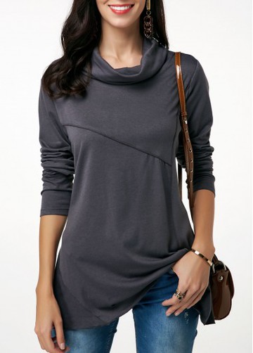 Cowl Neck Dark Grey Long Sleeve Tunic T Shirt