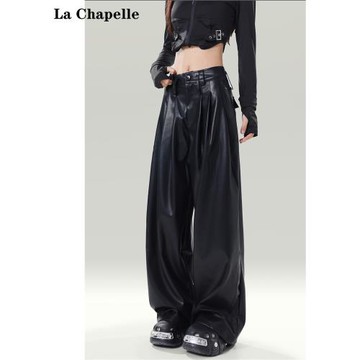 拉夏貝爾黑色闊腿皮褲女2025春秋季新款設計感PU皮直筒休閑拖地褲