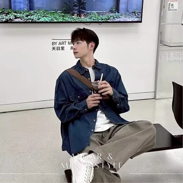 【Algar選品】韓系ins工裝男友長袖襯衫 shirt 男女生牛仔襯衫 牛仔外套 外套 牛仔襯衫男 簡約 穿搭 上衣男