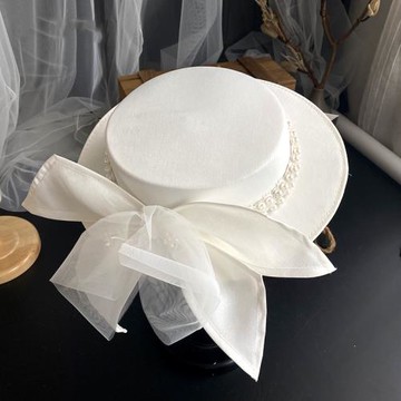 法式新娘小禮帽百搭英倫名媛白色珍珠蝴蝶結秋冬復古影樓演出帽子