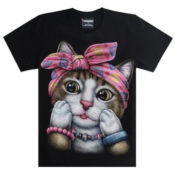 歐貨t恤女 貓咪3D印花 女士短袖 黑色 寬松大碼圓領半袖純棉打底
