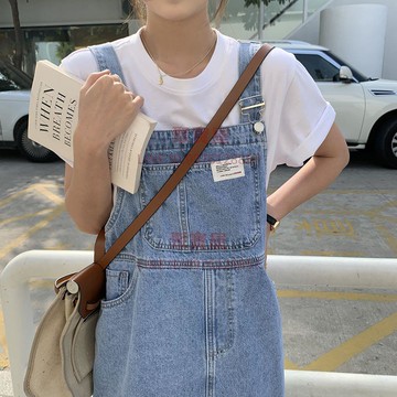 牛仔背帶裙女復古寬松休閒韓版口袋簡約顯瘦矮個子時尚百搭連衣裙新款【聚寶屋】