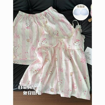 Xuan♥睡衣女吊帶帶胸墊學生小清新性感吊帶休閒短褲家居服兩件套裝