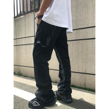 歐美風新款潑墨寬松伐木微喇牛仔褲男高街潮牌拼接口袋墜感長褲子