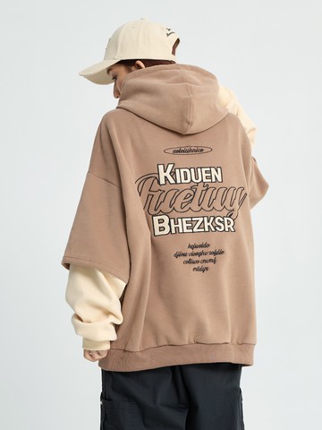 街潮假兩件拼色造型文字帽T