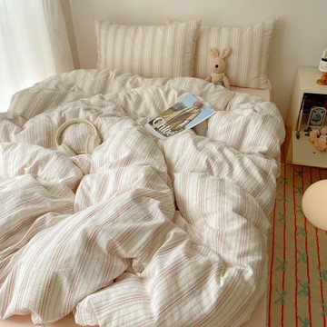 【台灣發貨】ins簡約藍色條紋純棉四件組水洗棉全棉床單笠被套水洗棉柔軟親膚裸睡條紋四件套 標準加大雙人被套枕頭套三件組