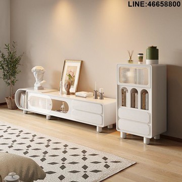 免運 開立發票 電視櫃 收納櫃 儲物櫃 落地櫃 背景櫃 奶油風伸縮巖板電視櫃茶幾組合白色現代簡約客廳家用輕奢小戶型 支持訂製