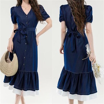 【米蘭精品】現貨+預購 女長洋裝長裙高級短洋裝法式連身裙蕾絲連衣裙-短袖v領魚尾女裙子74lu24