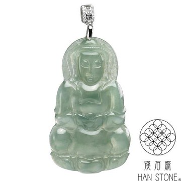 【漢石齋】天然翡翠A貨 觀音玉佩吊墜 冰種滿綠(33*56*5mm)