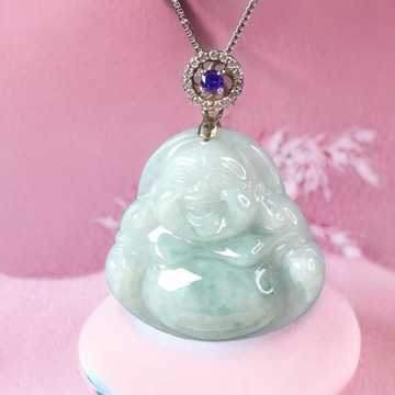 飄花翡翠彌勒佛項鍊 925純銀墜頭 | 天然緬甸玉翡翠A貨 | 送禮