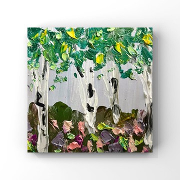 原創油畫抽象樺樹藝術樺樹畫厚塗野花