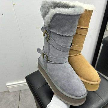 2024冬季新款真皮可兩穿雪地靴防滑厚底羊毛厚絨雙搭扣中筒女棉靴