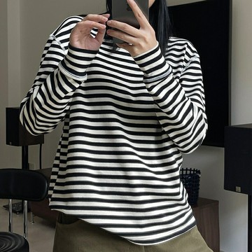 【巴黎精品】現貨+預購 T恤長袖上衣-韓版休閒黑白條紋女裝a1ea52