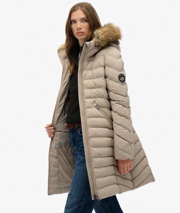 Superdry Women's Fuji Faux Fur Hooded Mid Length Coat Cream Size: 6