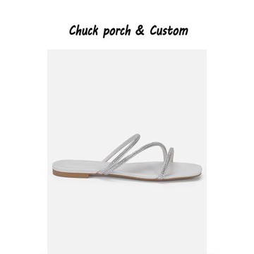 手工鞋羅馬涼鞋女夏季仙女風一字帶涼拖方頭亮鉆細帶外穿平底拖鞋